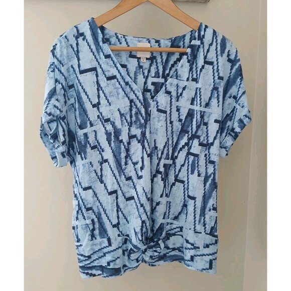 Nic+Zoe Zig Zag Twist Front Tee S/S Top Size Medium Blue Linen V Neck Work Artsy - Picture 5 of 11